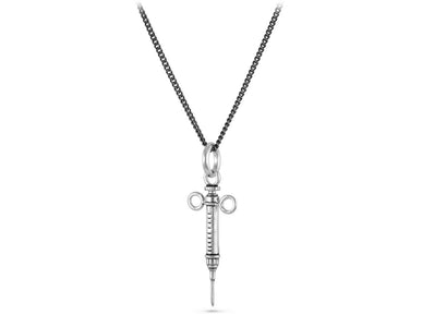 Syringe Necklace in Silver - shown on gunmetal chain