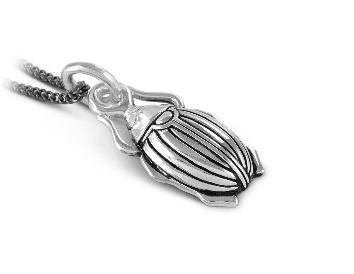 Scarab Beetle Necklace in Silver - shown on gunmetal chain