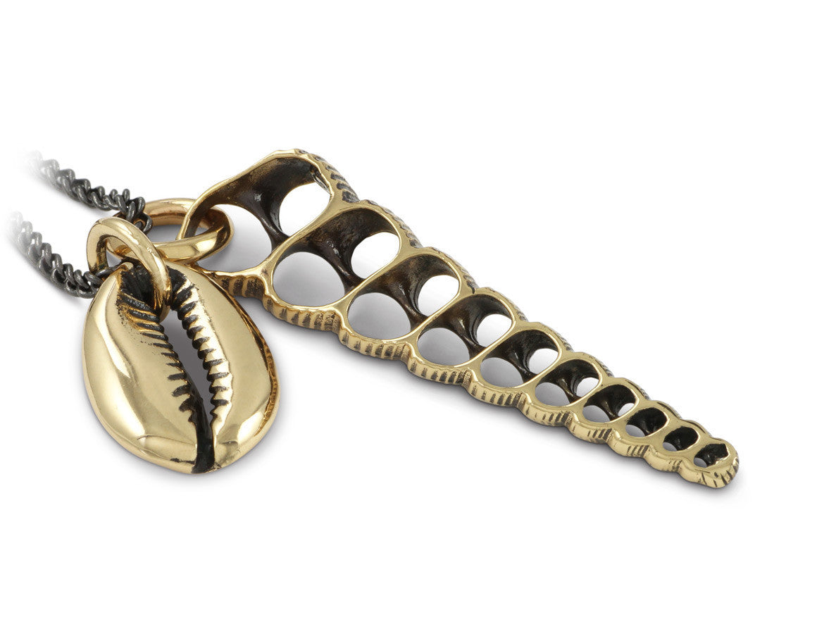 Cowrie & Turritella Shell Necklace in Bronze - shown on gunmetal chain