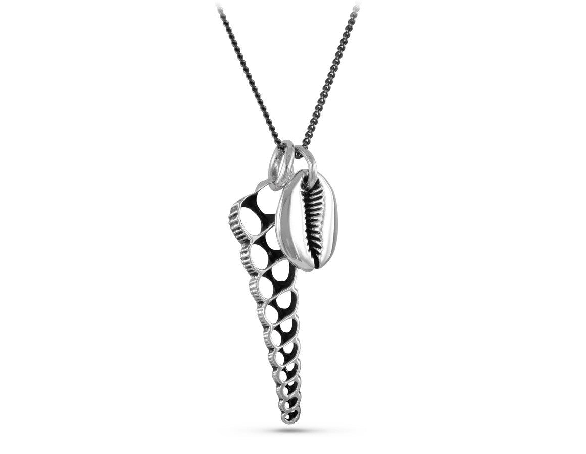 Cowrie & Turritella Shell Necklace in Silver - shown on gunmetal chain