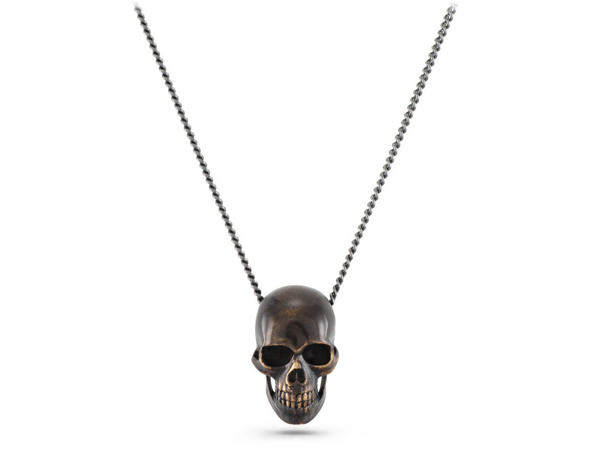 Black Skull Necklace in Bronze - shown on gunmetal chain