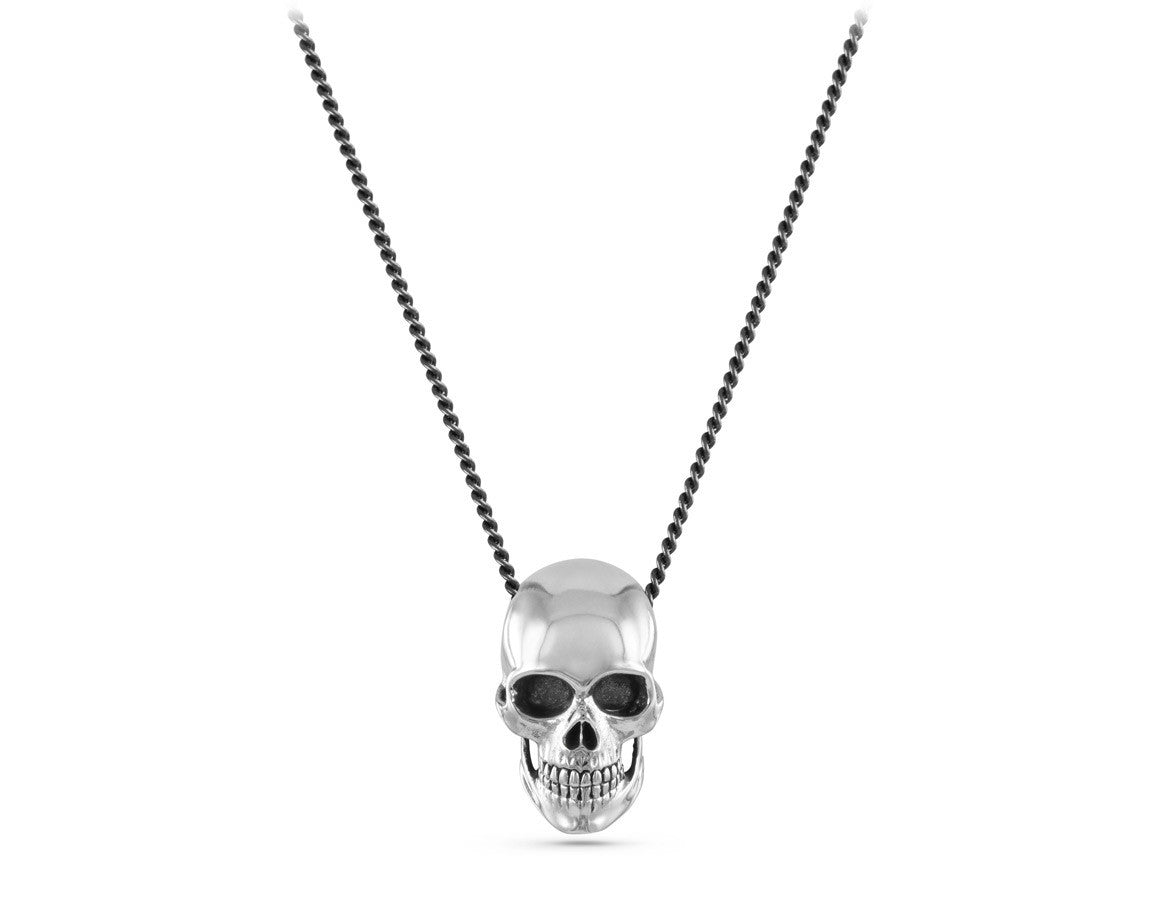 Skull Necklace in Silver - shown on gunmetal chain