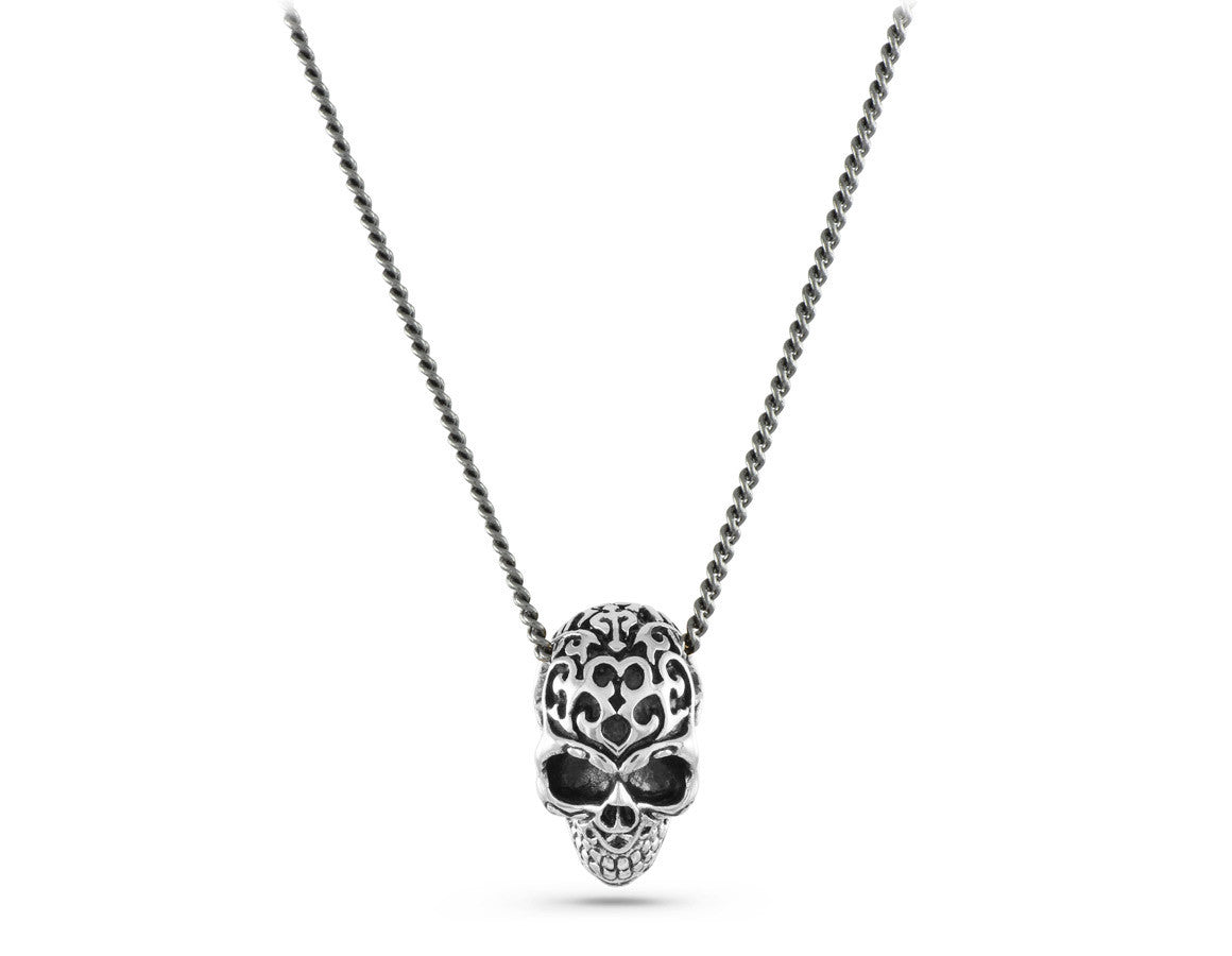 Ornate Skull Necklace in Silver - shown on gunmetal chain