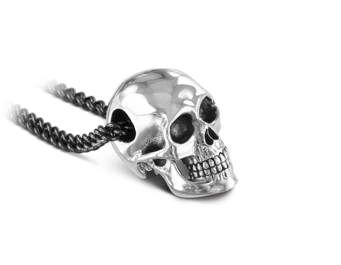 Skull Necklace in Silver - shown on gunmetal chain