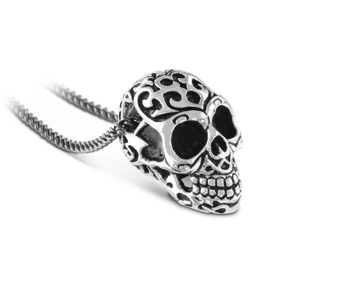 Ornate Skull Necklace in Silver - shown on gunmetal chain