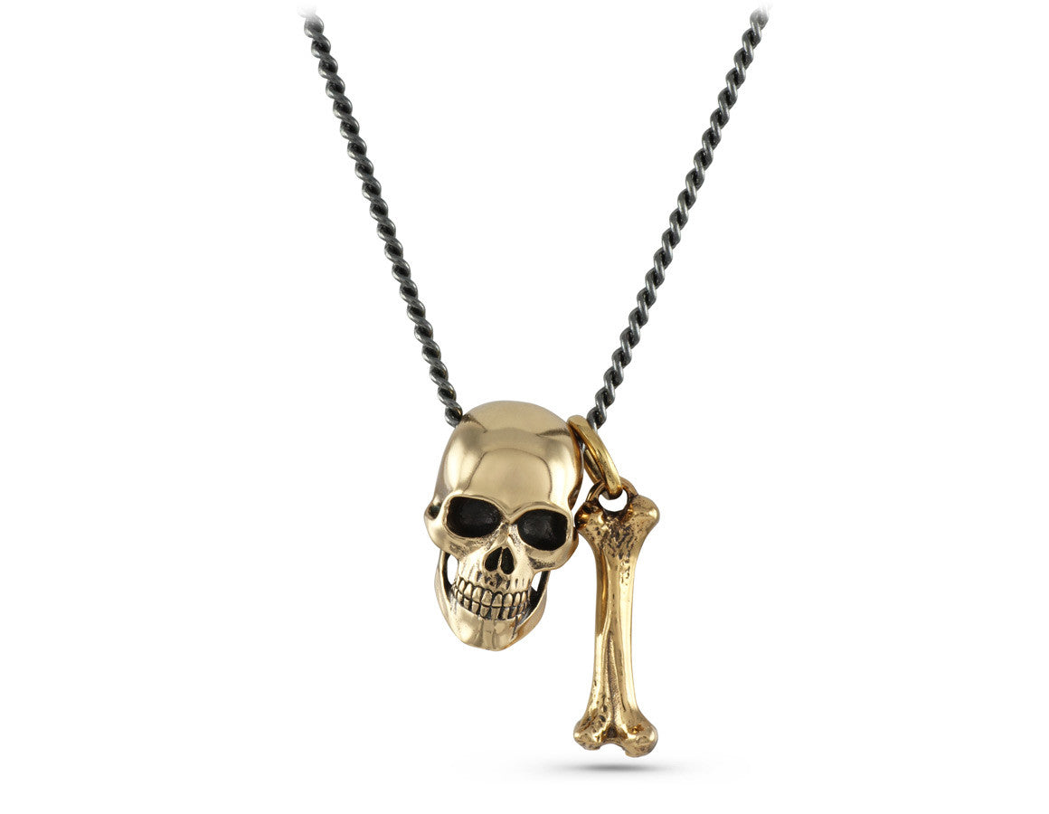 Skull & Bone Necklace in Bronze - shown on gunmetal chain