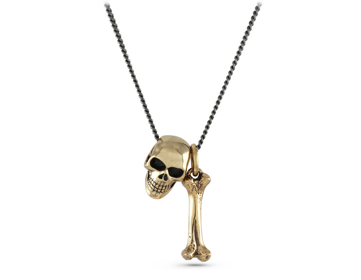 Small Skull & Bone Necklace in Bronze - shown on gunmetal chain