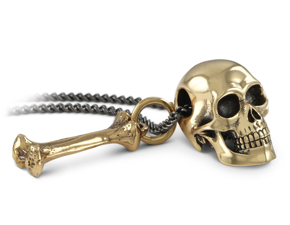 Skull & Bone Necklace in Bronze - shown on gunmetal chain