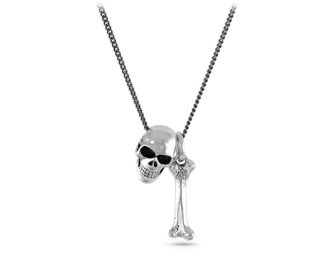 Small Skull & Bone Necklace in Silver - shown on gunmetal chain