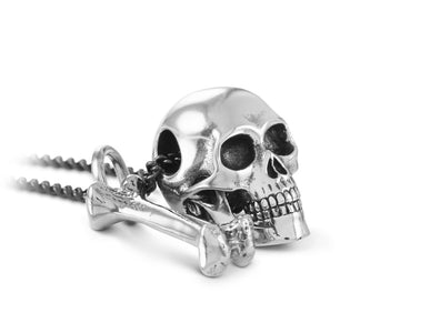 Skull & Bone Necklace in Silver - shown on gunmetal chain