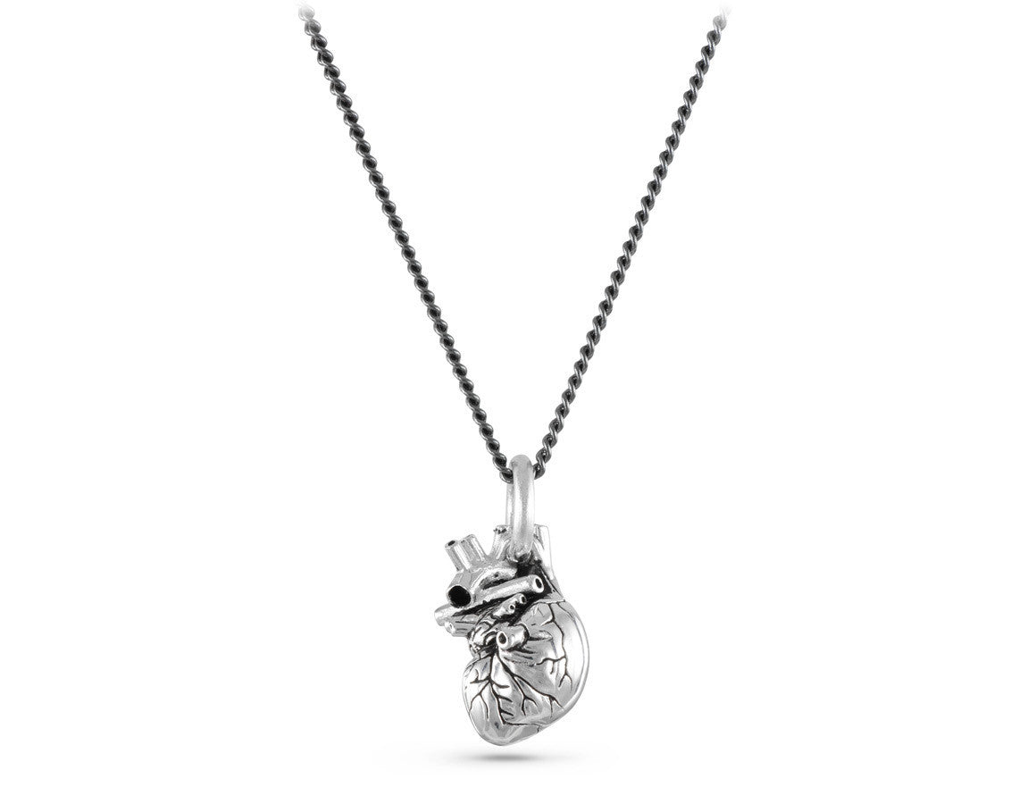 Small Anatomical Heart Necklace in Silver - shown on gunmetal chain