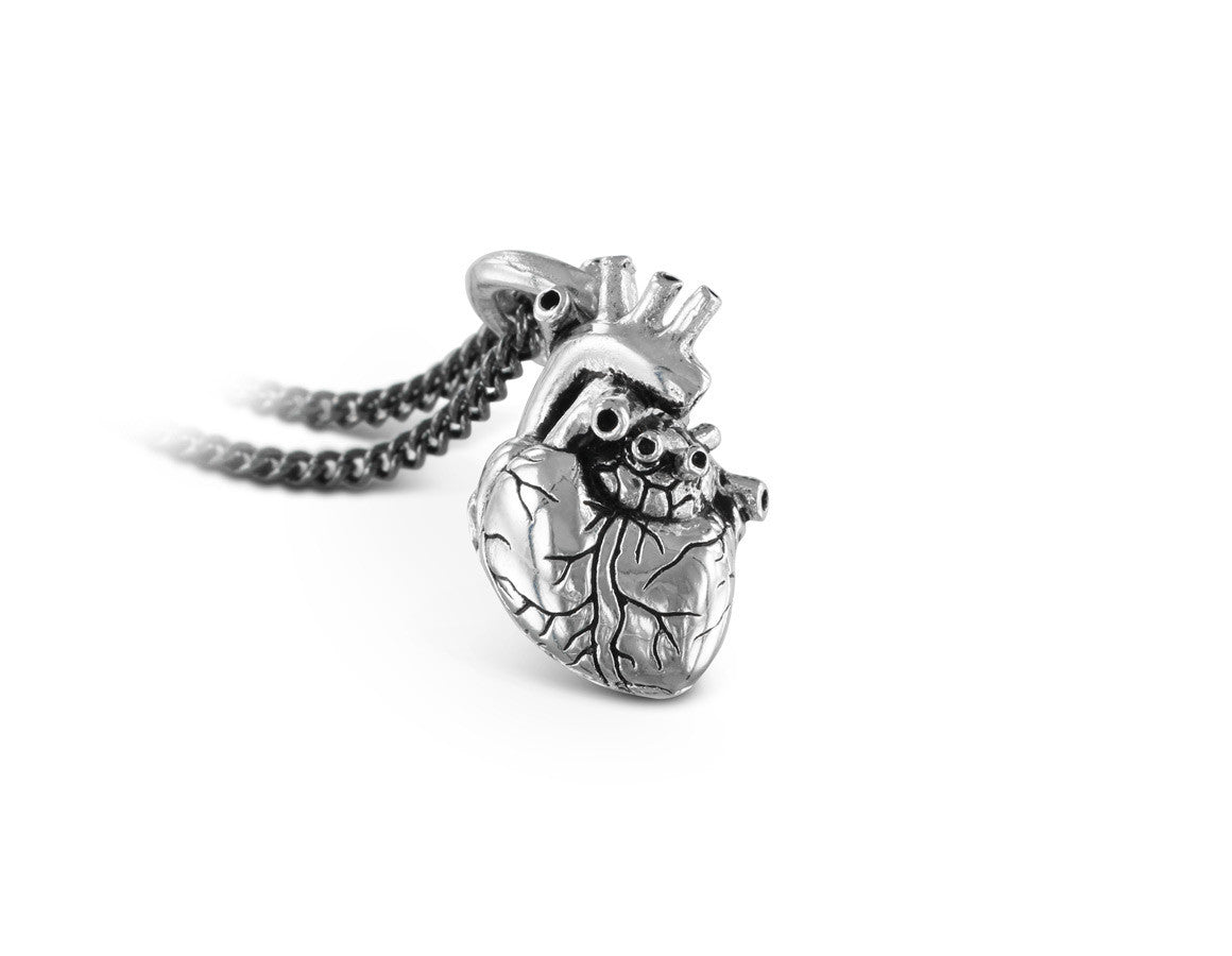 Small Anatomical Heart Necklace in Silver - shown on gunmetal chain