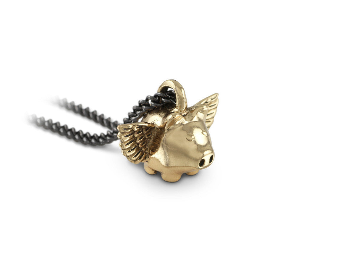 Small Flying Pig Necklace in Bronze - shown on gunmetal chain