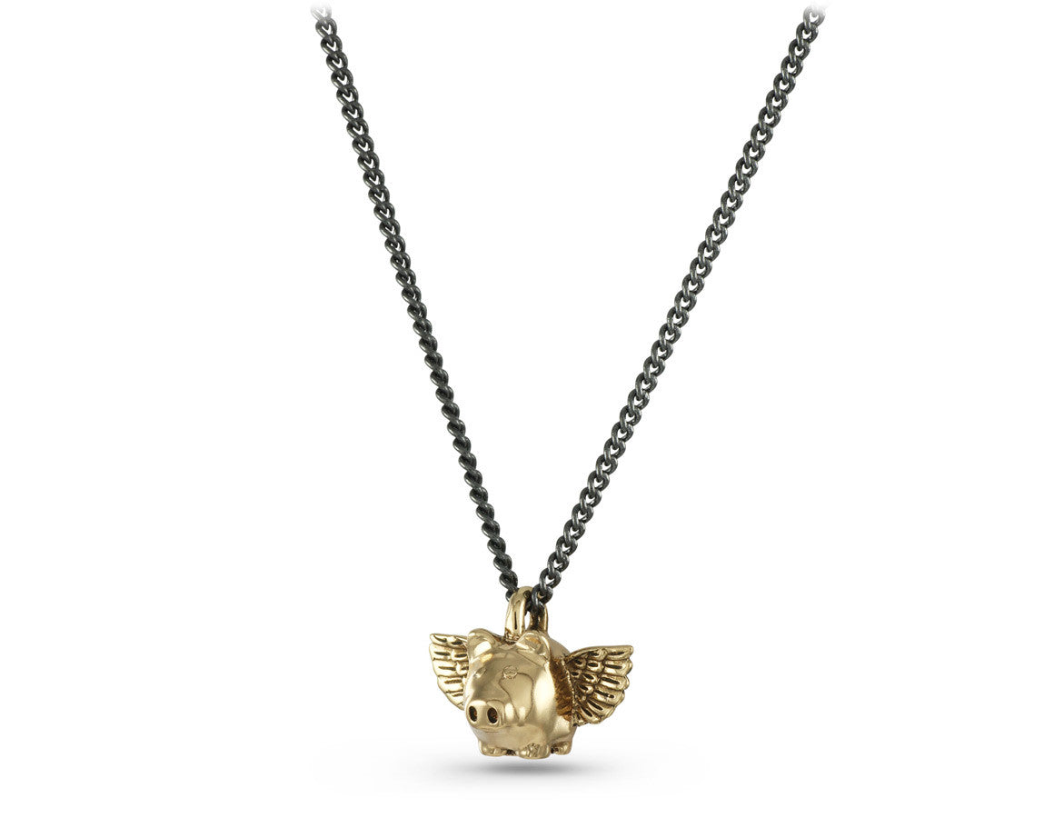 Small Flying Pig Necklace in Bronze - shown on gunmetal chain