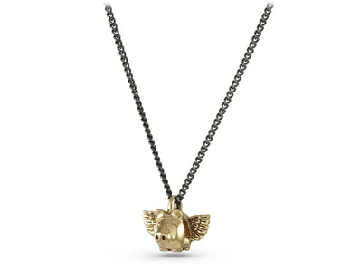 Small Flying Pig Necklace in Bronze - shown on gunmetal chain