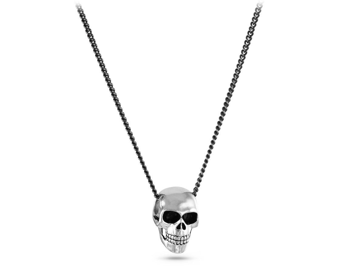 Small Skull Necklace in Silver - shown on gunmetal chain