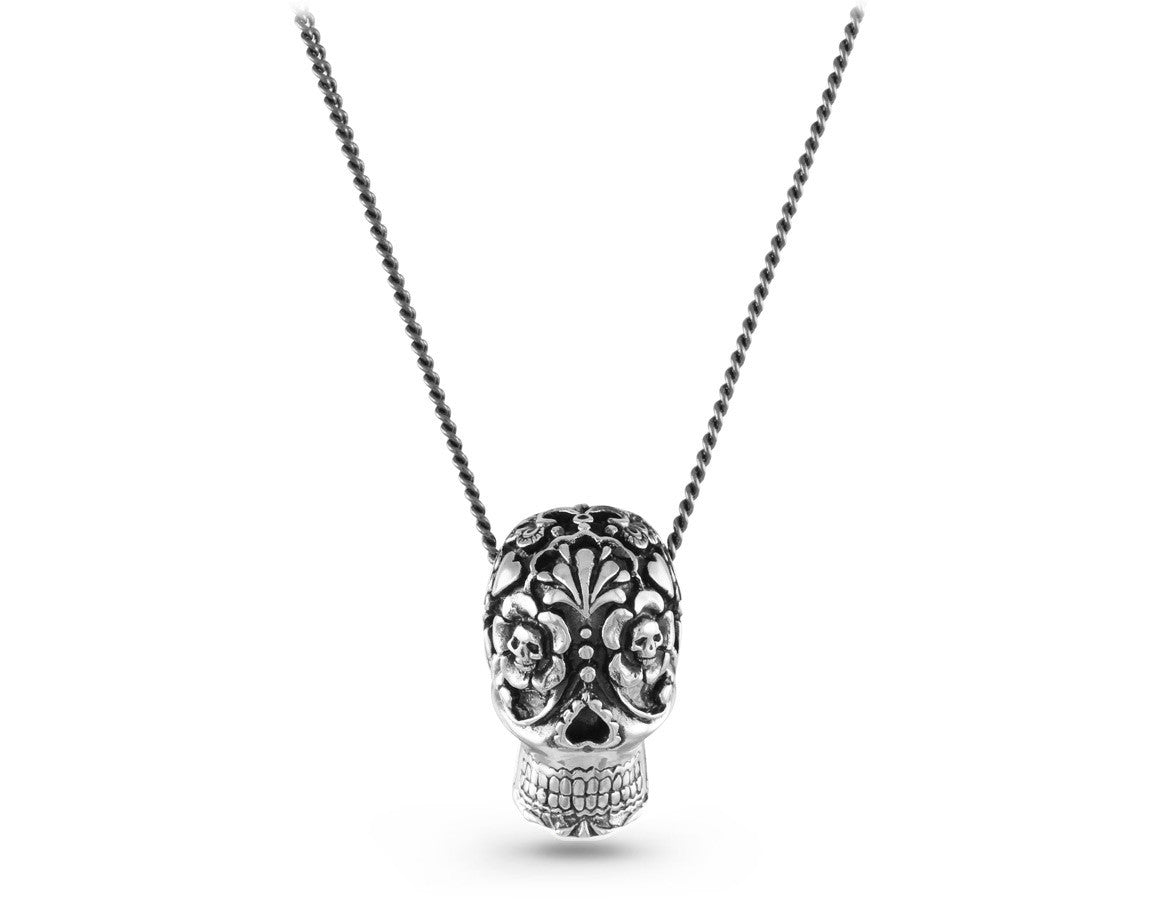 Large Day of the Dead Skull Necklace in Silver - shown on gunmetal chain