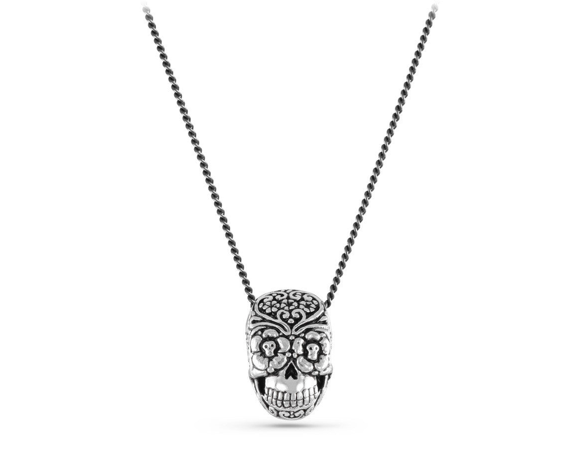 Day of the Dead Skull Necklace in Silver - shown on gunmetal chain