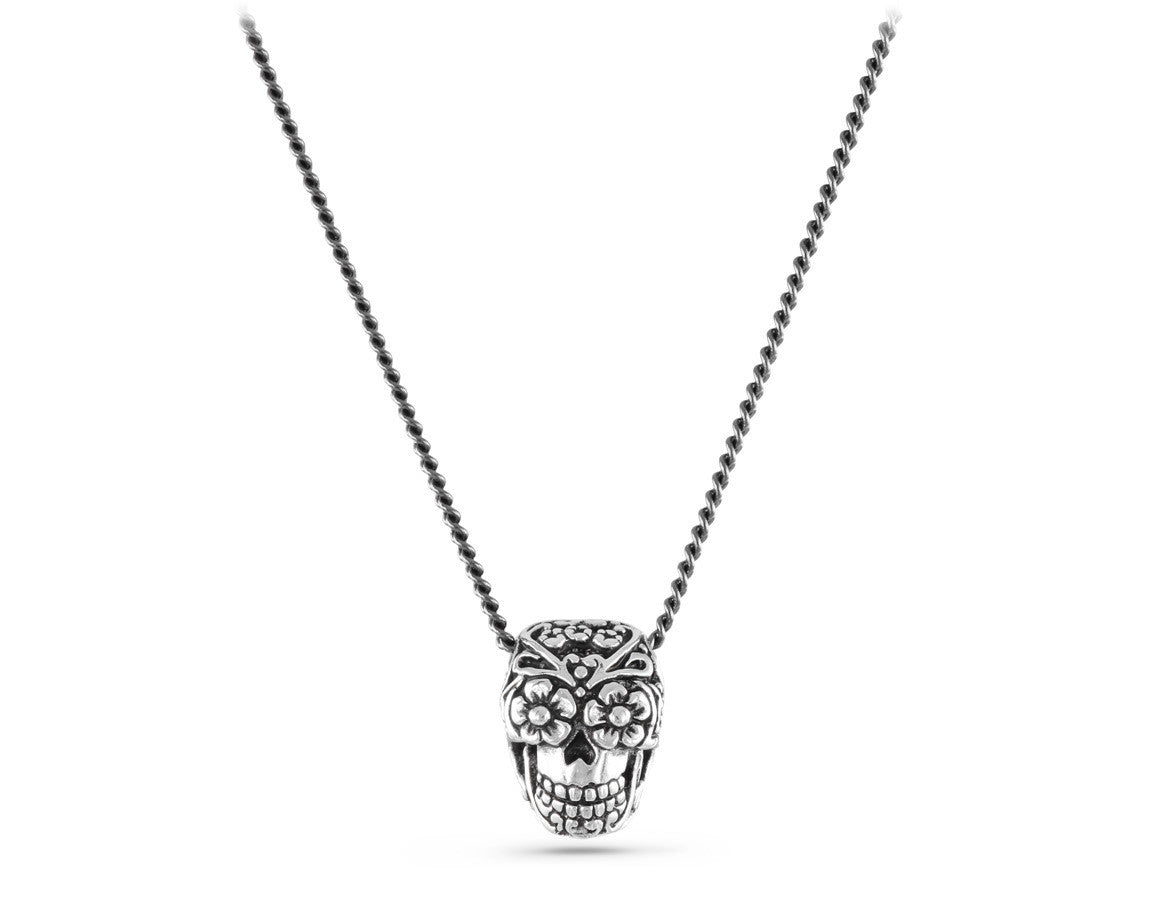 Small Day of the Dead Skull Necklace in Silver - shown on gunmetal chain