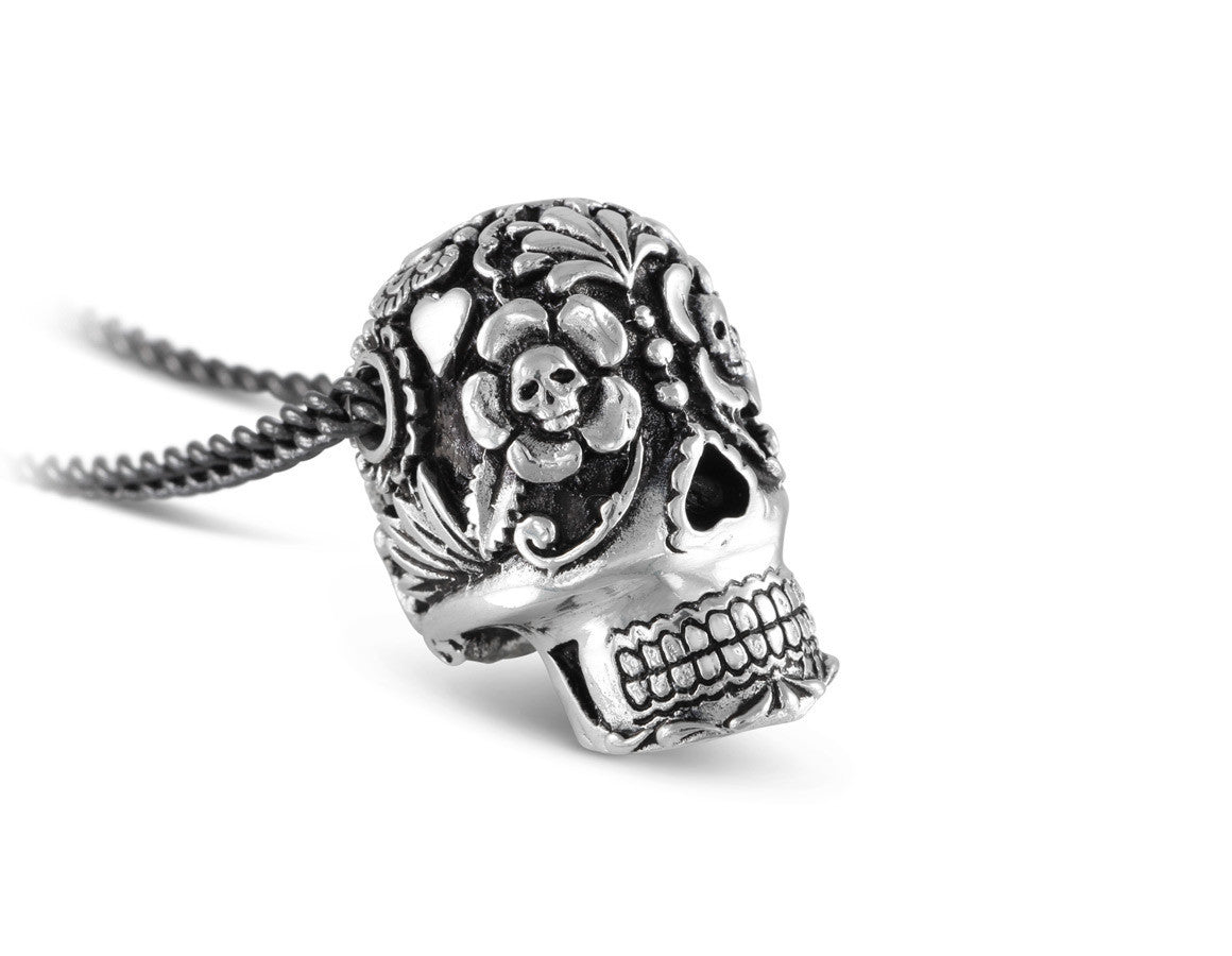 Large Day of the Dead Skull Necklace in Silver - shown on gunmetal chain