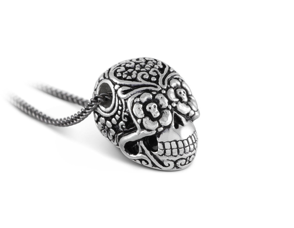 Day of the Dead Skull Necklace in Silver - shown on gunmetal chain