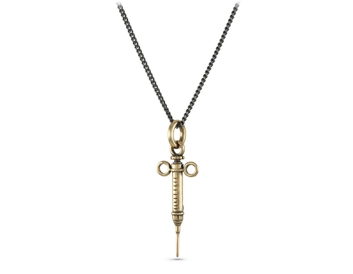 Syringe Necklace in Bronze - shown on gunmetal chain