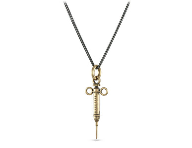 Syringe Necklace in Bronze - shown on gunmetal chain