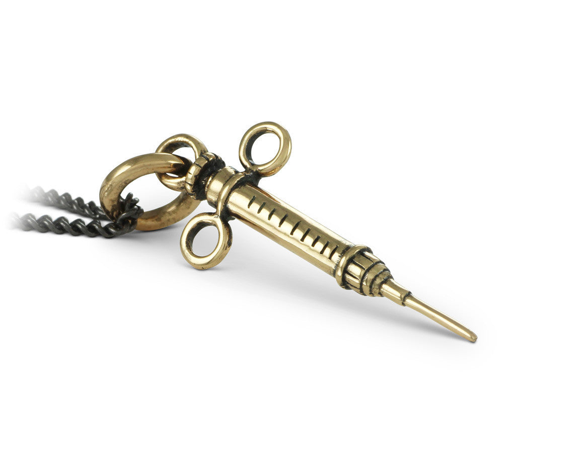 Syringe Necklace in Bronze - shown on gunmetal chain