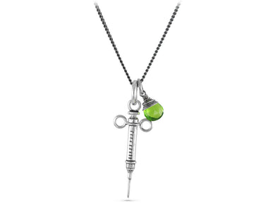 Syringe Necklace with Emerald in Silver - shown on gunmetal chain