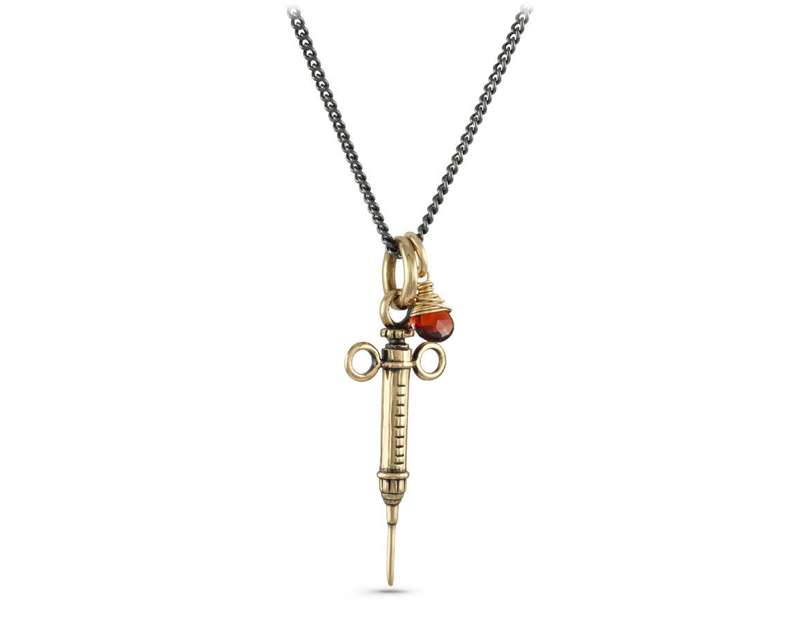 Syringe Necklace with Garnet in Bronze - shown on gunmetal chain