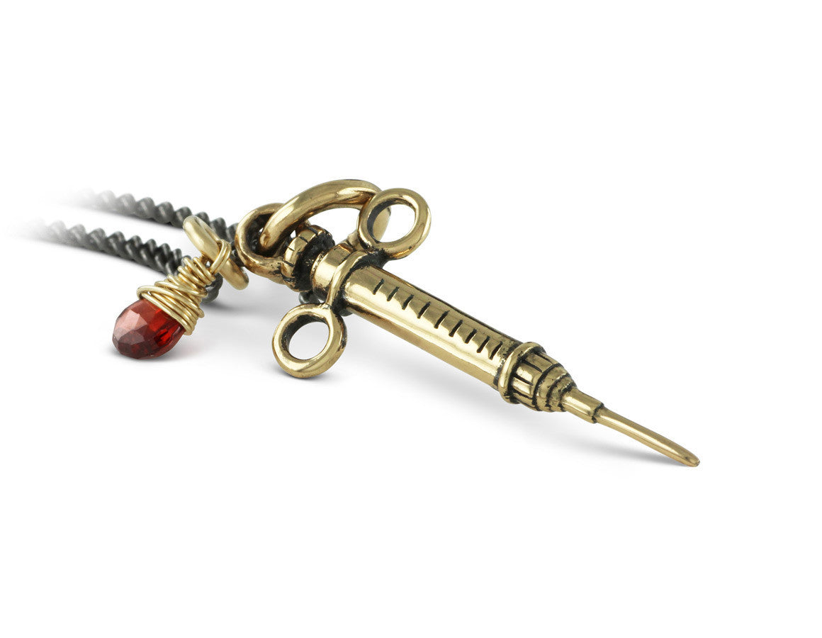 Syringe Necklace with Garnet in Bronze - shown on gunmetal chain