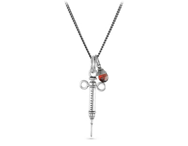 Syringe Necklace with Garnet in Silver - shown on gunmetal chain