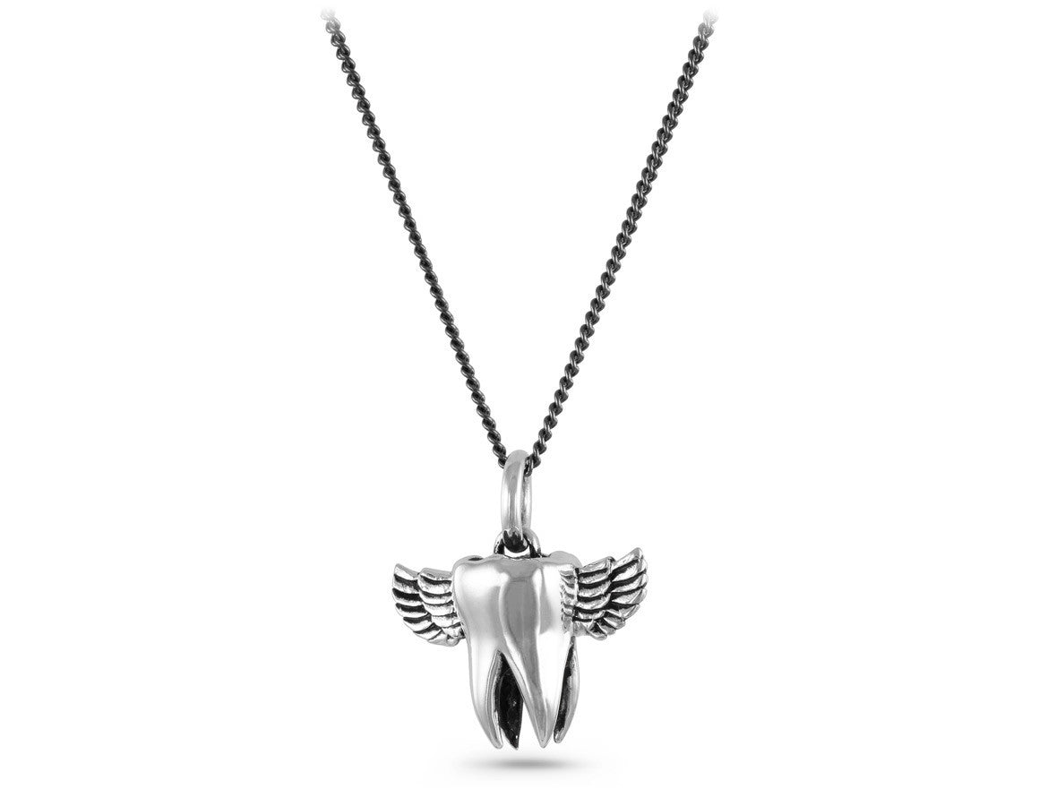 Flying Tooth Necklace in Silver - shown on gunmetal chain