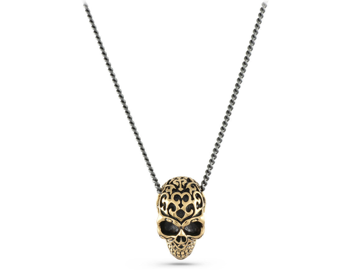 Ornate Skull Necklace in Bronze - shown on gunmetal chain