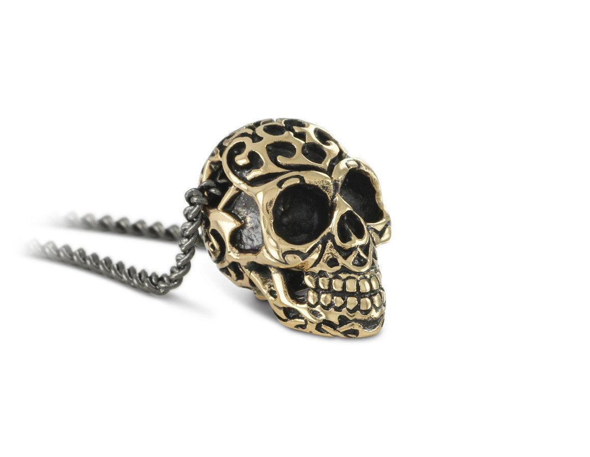 Ornate Skull Necklace in Bronze - shown on gunmetal chain