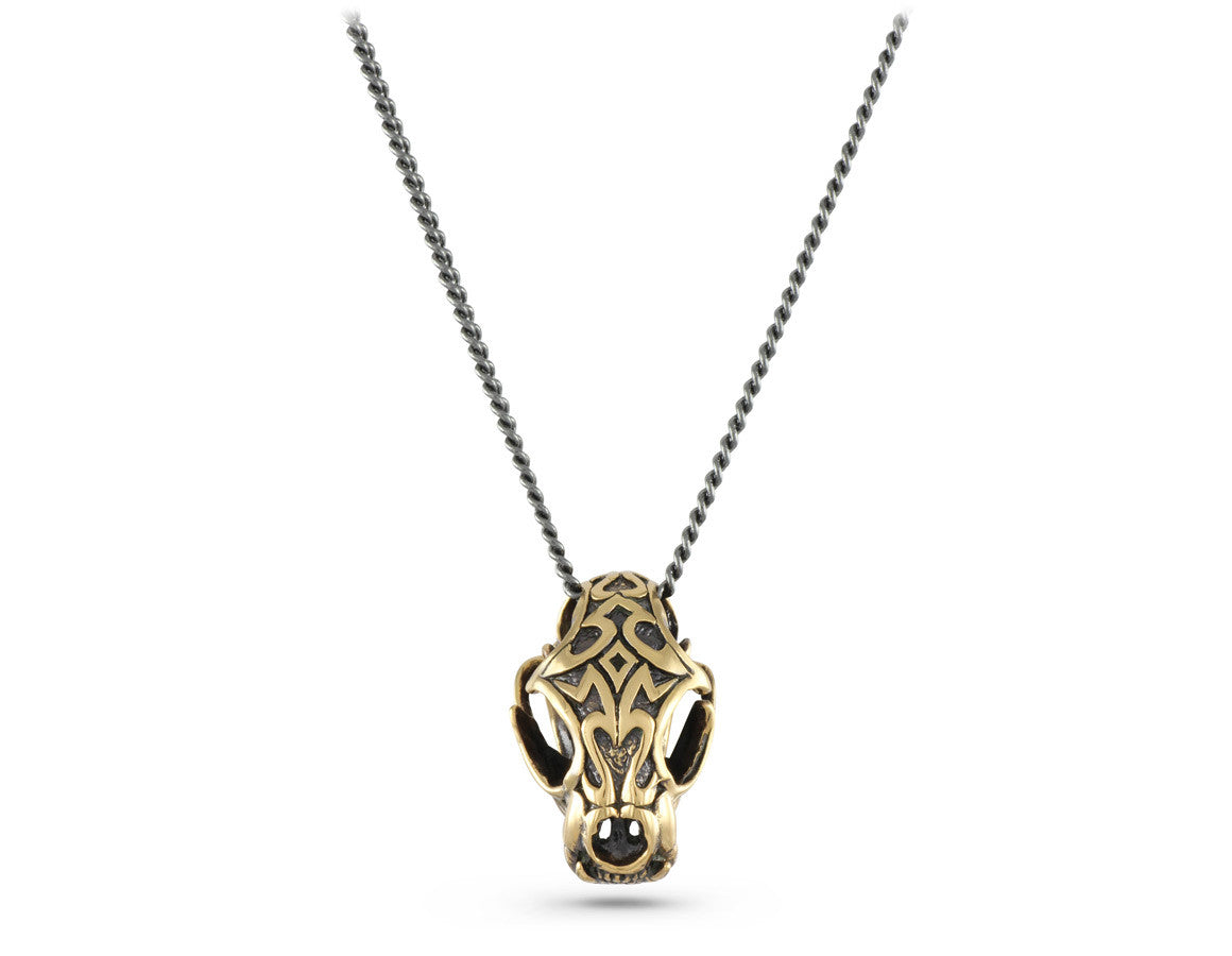 Ornate Lynx Skull Necklace in Bronze - shown on gunmetal chain