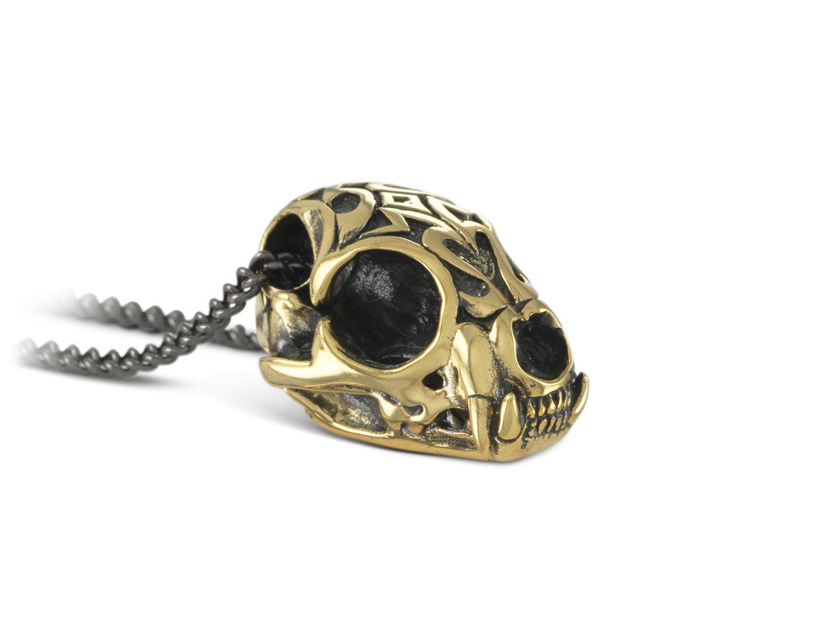 Ornate Lynx Skull Necklace in Bronze - shown on gunmetal chain