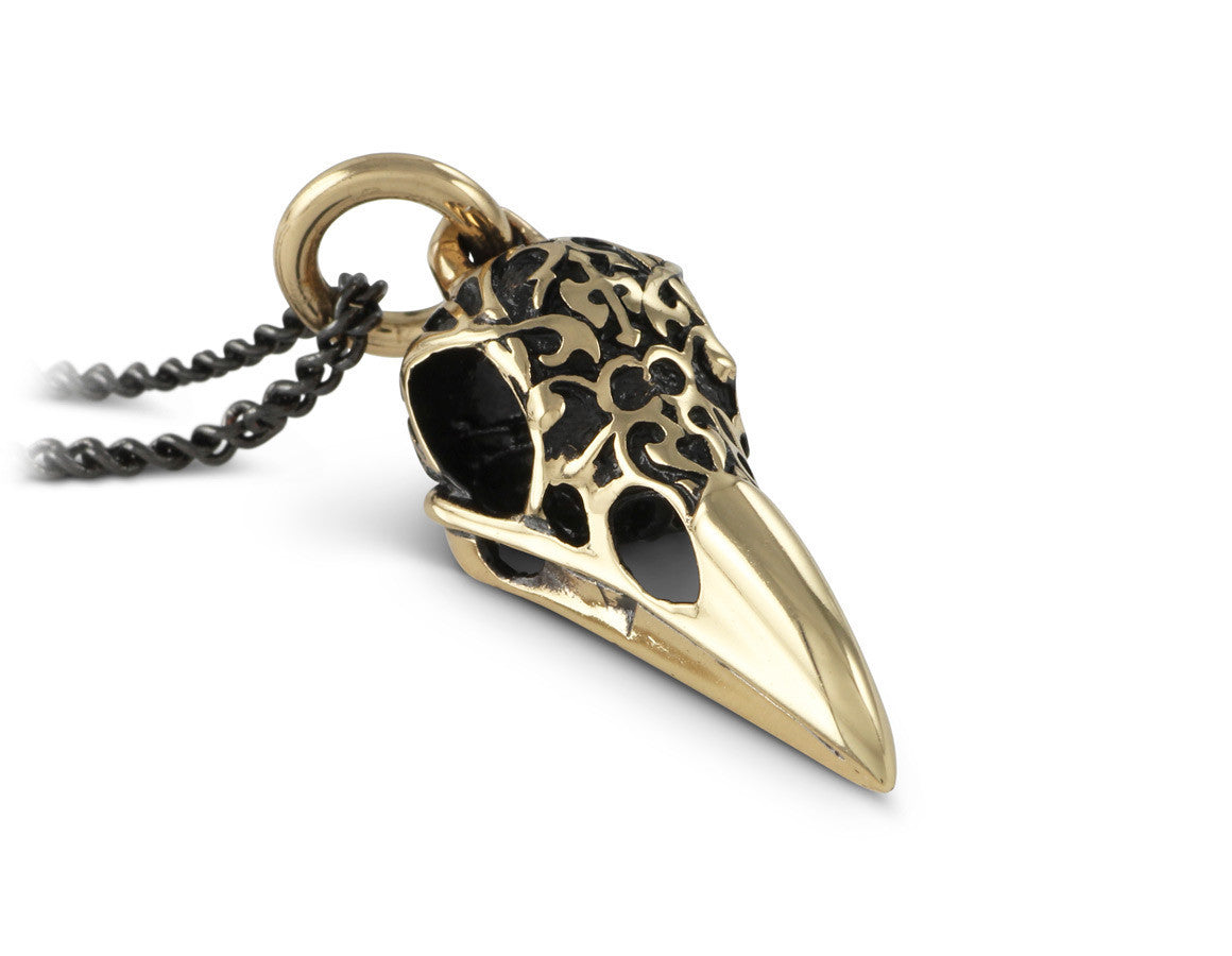 Ornate Raven Skull Necklace in Bronze - shown on gunmetal chain