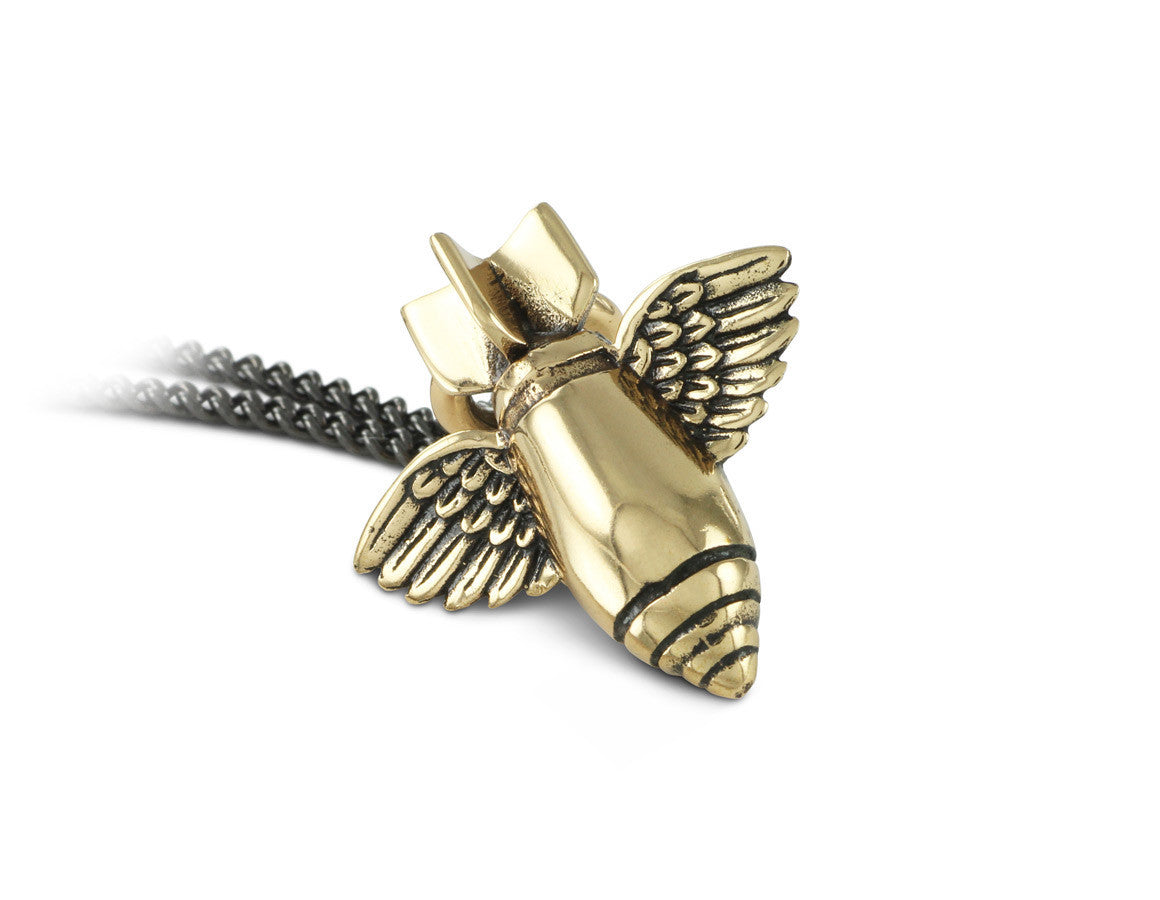 Flying Bomb Necklace in Bronze - shown on gunmetal chain