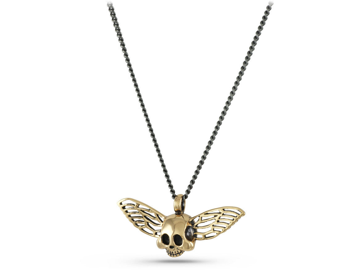 Flying Skull Necklace in Bronze - shown on gunmetal chain