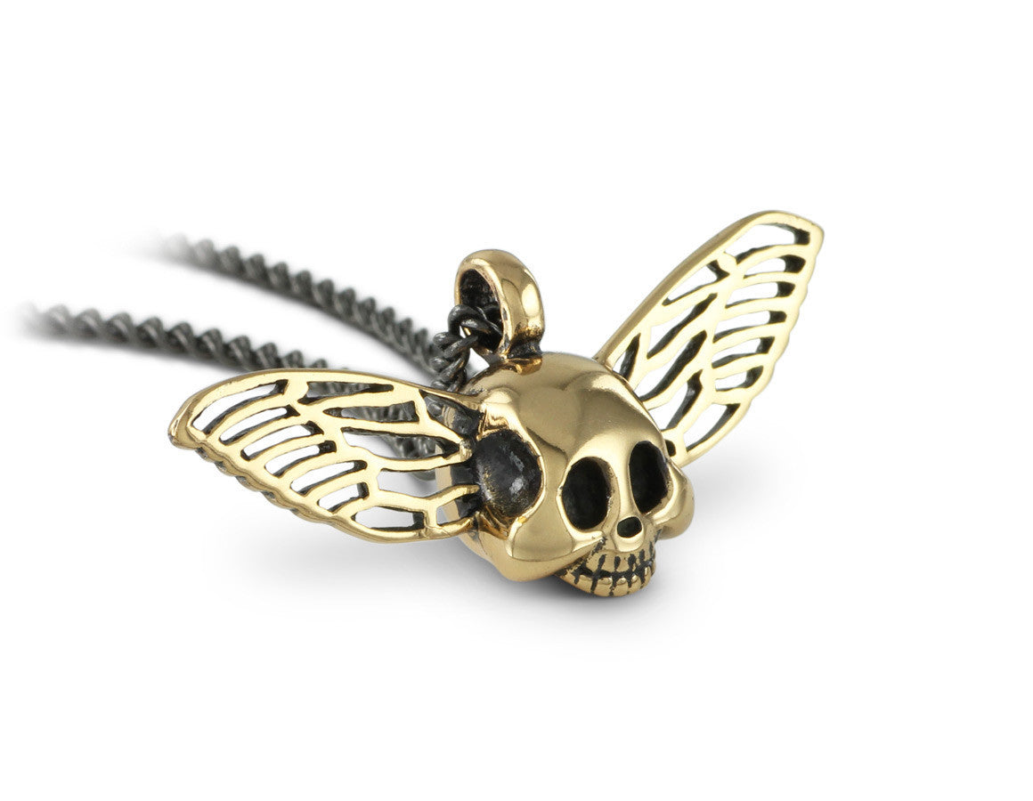 Flying Skull Necklace in Bronze - shown on gunmetal chain