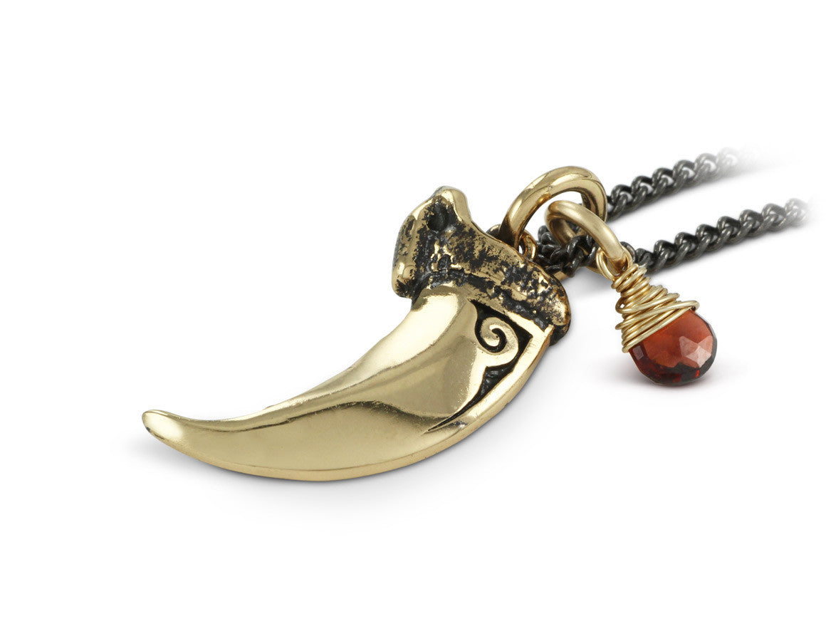 Wolf Claw Necklace with Garnet in Bronze - shown on gunmetal chain