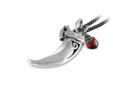 Wolf Claw Necklace with Garnet in Silver - shown on gunmetal chain