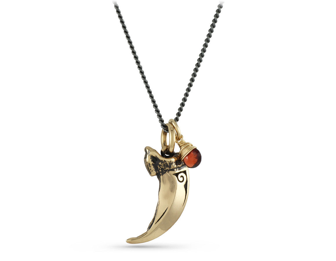 Wolf Claw Necklace with Garnet in Bronze - shown on gunmetal chain