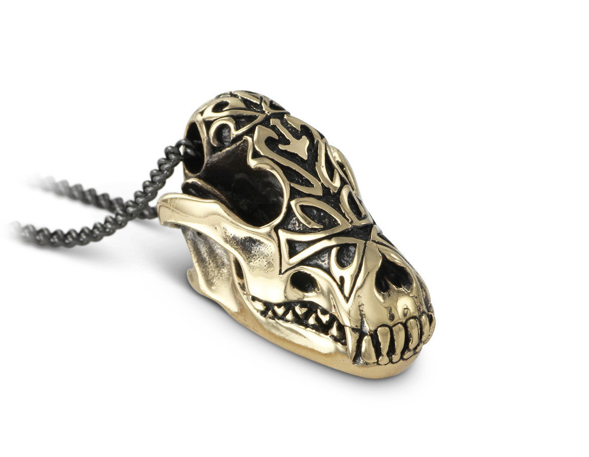 Ornate Wolf Skull Necklace in Bronze - shown on gunmetal chain