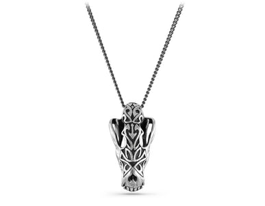 Ornate Wolf Skull Necklace in Silver - shown on gunmetal chain