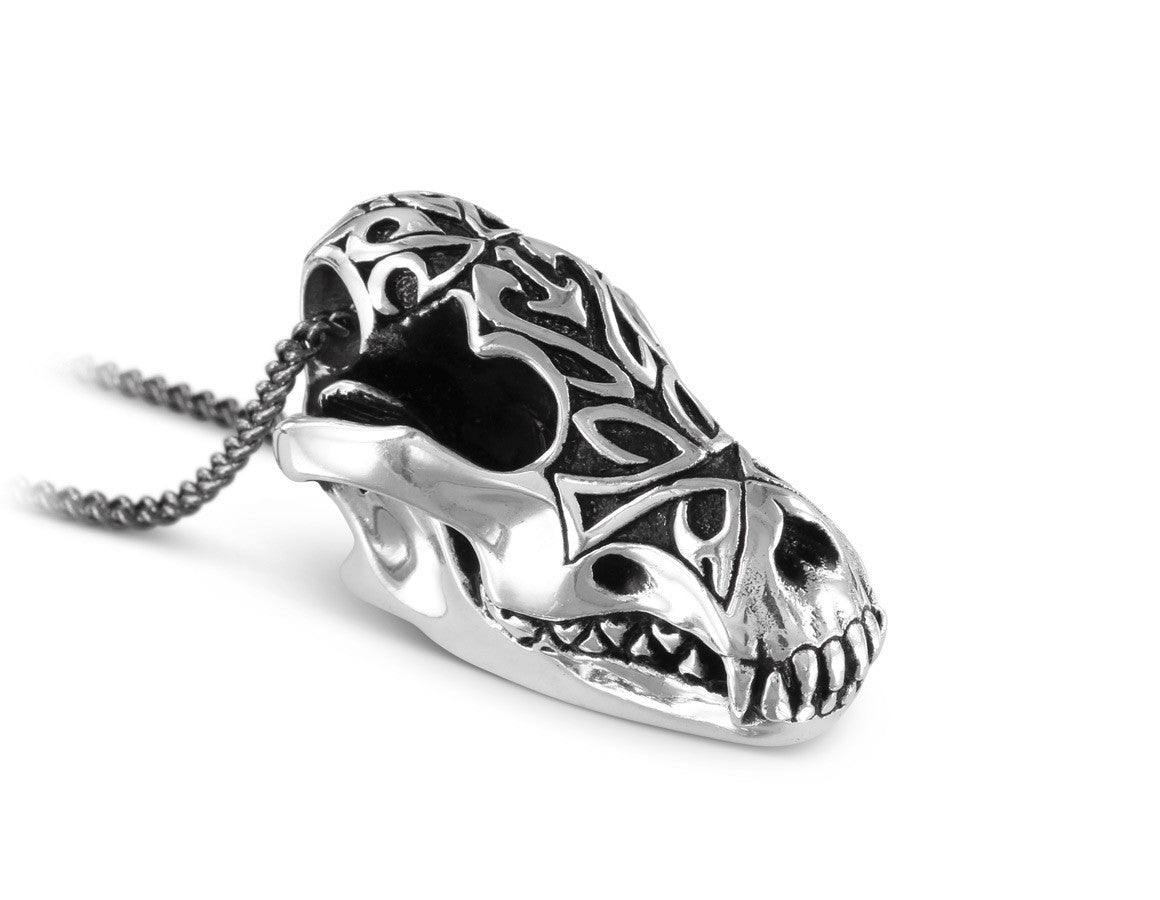 Ornate Wolf Skull Necklace in Silver - shown on gunmetal chain