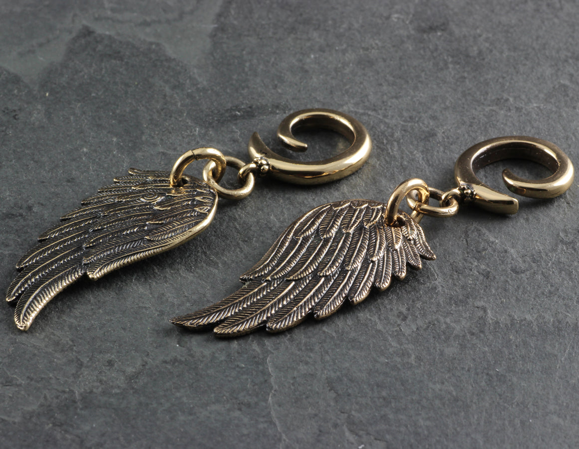 Angel Wing Gauged Spiral Earrings - Bronze