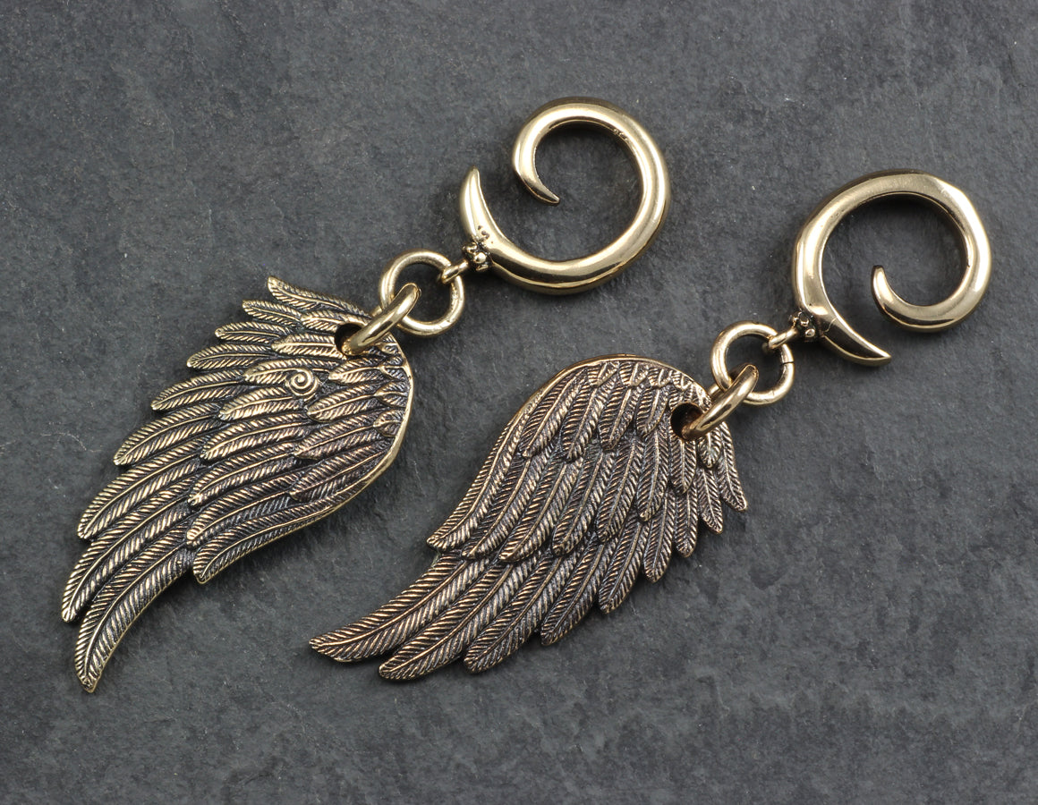 Angel Wing Gauged Spiral Earrings - Bronze