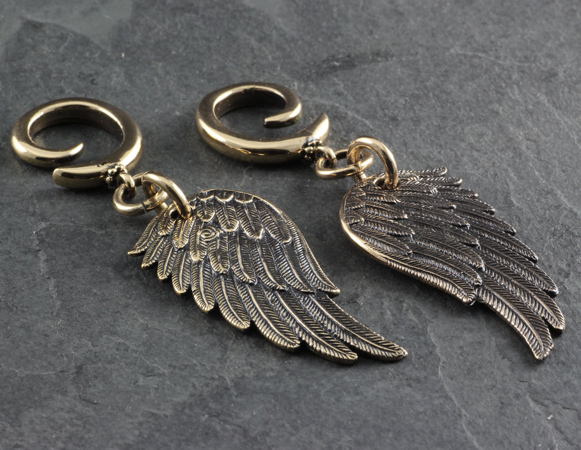 Angel Wing Gauged Spiral Earrings - Bronze